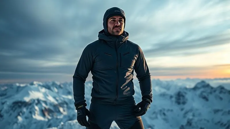 A photorealistic image of an athlete wearing advanced activewear, standing on a snowy mountain peak under a dramatic, cinematic sky. The athlete is looking confident and comfortable, with visible design details like vents and reinforced areas. Professional photography, 8K, cinematic lighting, sharp focus on the athlete and gear, depth of field, shot on a high-end DSLR.