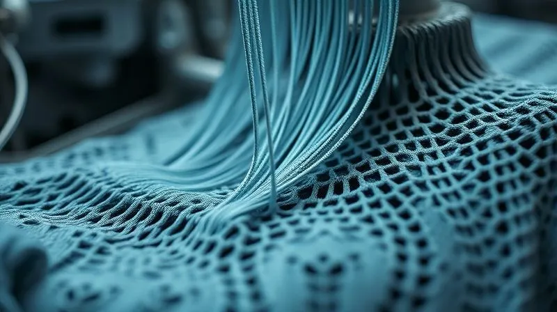 A photorealistic, detailed shot of a seamless knitting machine in action, intricate threads forming complex patterns for activewear, with a subtle futuristic glow. Professional industrial photography, 8K, cinematic lighting, sharp focus on the knitting needles, depth of field.