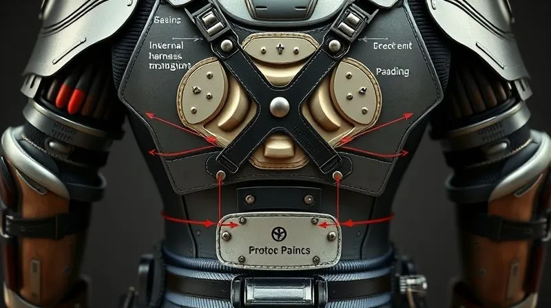 A detailed diagram illustrating proper weight distribution for a full-body cosplay armor, showing internal harnesses and padding, with arrows indicating pressure points and support areas. Photorealistic, professional photography, 8K, cinematic lighting, sharp focus, depth of field, shot on a high-end DSLR.
