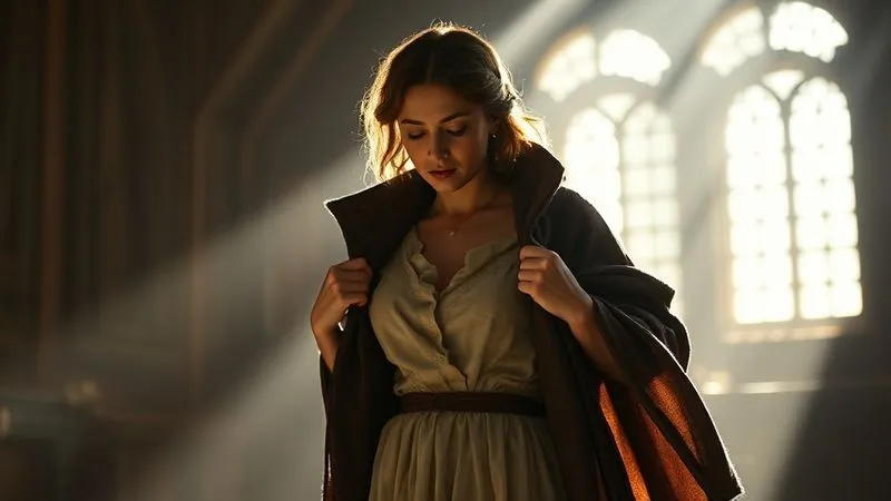 A stylized, photorealistic depiction of a character, Eleanor, in a historical setting, shedding an outer layer of dark, heavy fabric (shawl/coat) to reveal a brighter, simpler, yet still period-appropriate garment underneath, dramatic backlighting, conveying a sense of liberation and transformation, photorealistic, professional photography, 8K, cinematic lighting, sharp focus, depth of field, shot on a high-end DSLR.