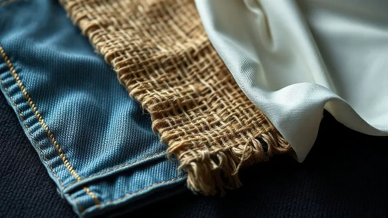 Photorealistic, professional photography, 8K, cinematic lighting, sharp focus, depth of field, shot on a high-end DSLR. A close-up of three distinct fabric swatches: one is a heavily worn, faded denim with visible mending; another is a rough, coarse burlap; and the third is a tightly woven, pristine silk. Each swatch is subtly illuminated to highlight its texture and implied narrative, arranged on a dark, textured surface.