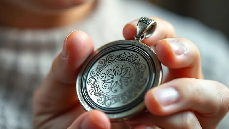 Photorealistic, professional photography, 8K, cinematic lighting, sharp focus, depth of field, shot on a high-end DSLR. A close-up of a well-worn, antique silver locket with intricate, faded engravings, clutched gently in a woman's hand. The locket shows signs of age and frequent handling, with slight tarnishing and faint scratches. The background is softly blurred, emphasizing the locket and the implied emotional significance.