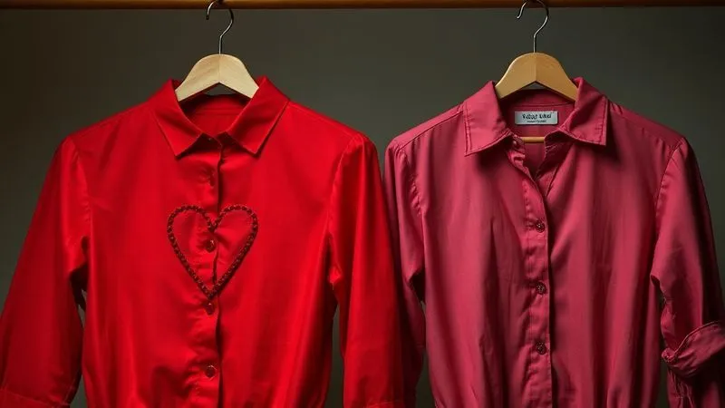 Photorealistic, professional photography, 8K, cinematic lighting, sharp focus, depth of field, shot on a high-end DSLR. Two distinct women's blouses hanging side-by-side. The first is a vibrant, perfectly tailored crimson blouse with a large, embroidered broken heart directly on the chest (representing overt). The second is a similar style blouse in a faded, slightly wrinkled rose color, with a single, barely noticeable, delicately mended tear near the cuff (representing subtle). The lighting emphasizes the contrast in their messaging.
