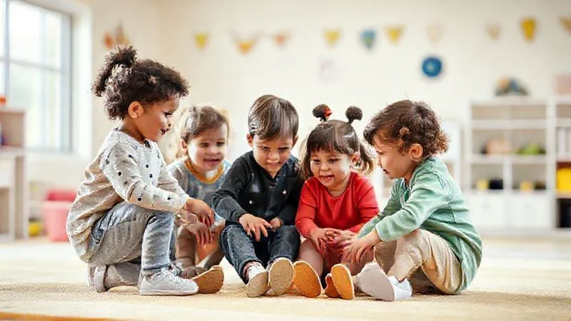 A photorealistic image of a small group of diverse children, aged 2-6, actively playing together in a brightly lit, child-friendly environment like a soft-play area or a spacious playroom. Their clothes appear comfortable, allowing full range of motion, and are subtly reinforced in high-wear areas. Professional photography, 8K, cinematic lighting, sharp focus on the children and their interaction, depth of field blurring the background.