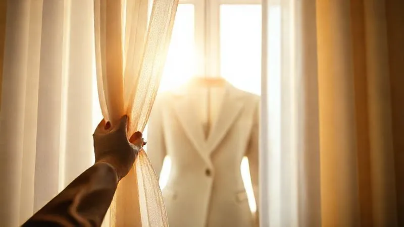 A photorealistic image of a woman's hand gently pushing aside a sheer, frilly curtain, revealing a crisp, modern, tailored blazer in the background, bathed in bright, optimistic light. The curtain represents outdated fashion stereotypes, while the blazer symbolizes modern, empowered workwear. Professional photography, 8K, cinematic lighting, sharp focus, depth of field, shot on a high-end DSLR.