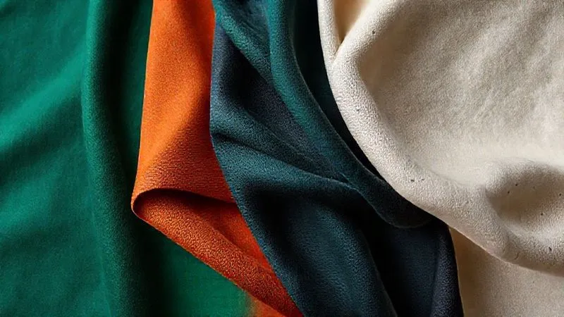 A photorealistic mood board showcasing swatches of luxurious fabrics in a sophisticated color palette for modern workwear: deep emerald green, rich sapphire blue, warm terracotta, charcoal grey, and soft ivory, with subtle geometric patterns. Cinematic lighting, sharp focus, 8K, professional photography, depth of field.