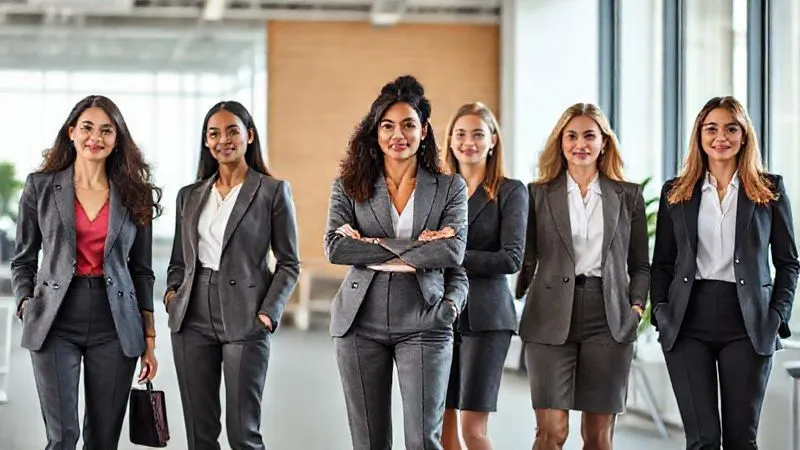 A photorealistic shot of five diverse professional women (different ethnicities, body types, ages) in a modern, light-filled office space. Each woman is wearing a contemporary, well-fitting workwear outfit that flatters her individual shape and style, exuding confidence and professionalism. The clothing emphasizes comfortable, elegant tailoring. Professional photography, 8K, cinematic lighting, sharp focus, depth of field, shot on a high-end DSLR.