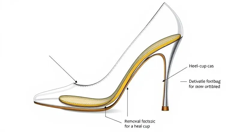 A cross-section diagram of a high-fashion women's pump, showing the internal space created for a custom orthotic, highlighting a removable footbed and deeper heel cup. Photorealistic, technical drawing style, 8K, sharp focus.