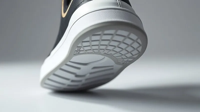 A photorealistic shot of a high-fashion sneaker's sole, showing a subtly elevated midsole that discreetly accommodates an orthotic, with elegant design lines. Professional studio lighting, 8K, sharp focus.
