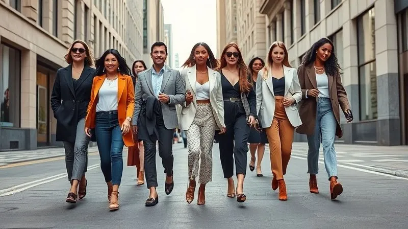 A diverse group of stylish individuals confidently walking down a city street, all wearing elegant, high-fashion footwear, subtly hinting at the underlying comfort and support. Professional street photography, candid, 8K, vibrant yet natural colors.