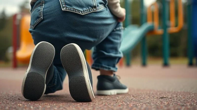 A photorealistic image from a low angle, showing a child's worn but still intact jeans with reinforced knees, kneeling on a playground, with sharp focus on the fabric details, cinematic lighting highlighting the texture, depth of field blurring the background, 8K hyper-detailed, professional photography, shot on a high-end DSLR.