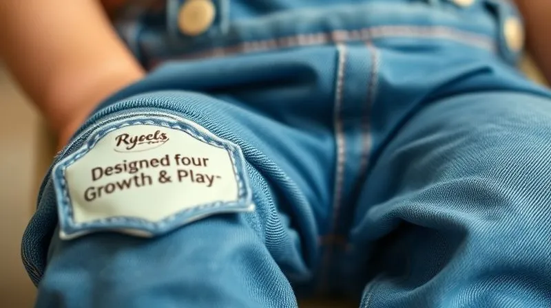 A photorealistic, professional photography, 8K, cinematic lighting, sharp focus, depth of field shot on a high-end DSLR. The image showcases a close-up of a child's denim overalls, highlighting reinforced knee patches and adjustable shoulder straps. The fabric shows subtle signs of gentle wear, indicating durability, with a tag that says 'Designed for Growth & Play'. The lighting is soft and natural, emphasizing texture and quality.