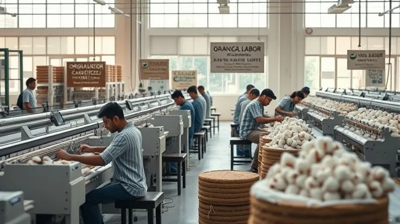 A photorealistic, professional photography, 8K, cinematic lighting, sharp focus, depth of field shot on a high-end DSLR. The image depicts a clean, modern textile factory floor, with diverse workers attentively operating machinery. Sunlight streams through large windows, illuminating bales of organic cotton and clear signage indicating ethical labor practices and sustainable material flow. The overall impression is one of transparency, efficiency, and human dignity.