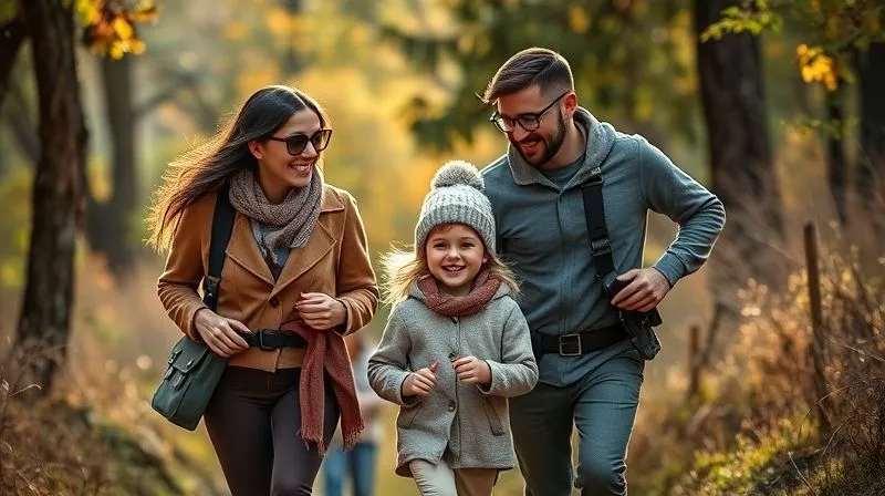 A photorealistic, professional photography, 8K, cinematic lighting, sharp focus, depth of field shot on a high-end DSLR. The image features a diverse family (parents and two young children) happily exploring a natural park, with the children wearing stylish, comfortable, and visibly eco-friendly clothing. The parents are smiling, engaging with their children, and the overall mood is one of joy, connection, and harmonious living with nature. The lighting is warm and inviting.