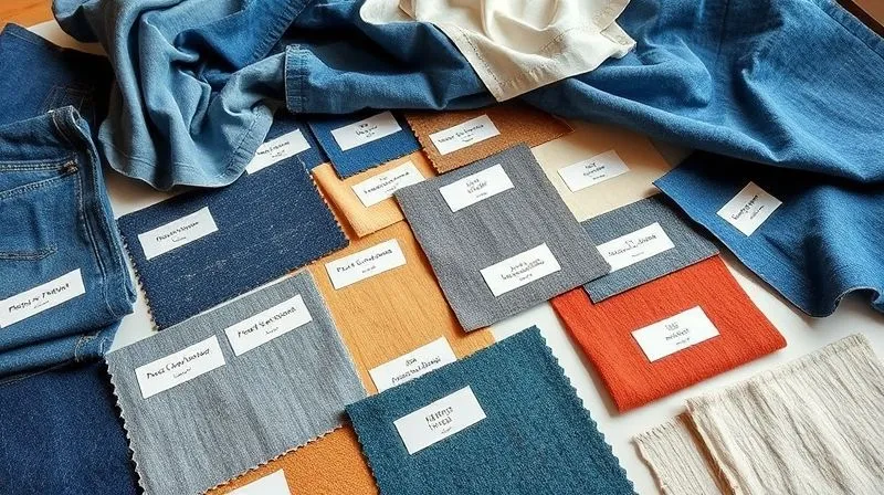 A photorealistic image of a designer's table covered with various textile swatches: some are clearly recycled denim, others are rPET fabrics, and some are finely textured recycled cotton. Each swatch has a small label indicating its origin (e.g., 'Post-Consumer Polyester', 'Pre-Consumer Cotton Scraps'). The lighting is bright and even, highlighting the textures and colors of the sustainable fabrics. professional photography, 8K, cinematic lighting, sharp focus, depth of field, shot on a high-end DSLR