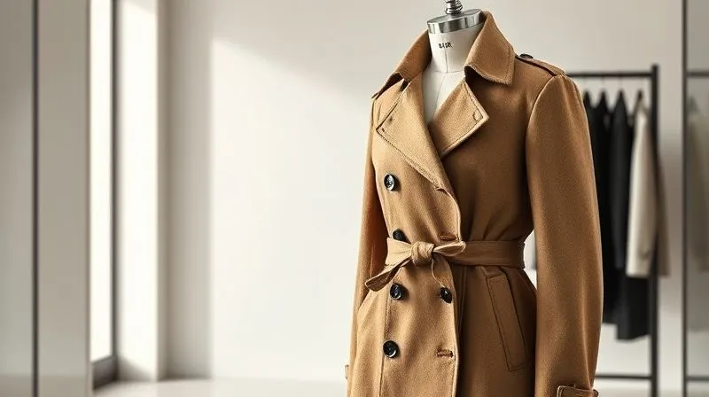 A photorealistic image of a beautifully draped, high-quality trench coat made from a rich, textured recycled wool blend. The garment is on a mannequin in a minimalist, elegant showroom, with soft, directional lighting highlighting the fabric's drape and detail. The overall impression is one of luxury and timeless style, defying any perception of 'lesser quality'. professional photography, 8K, cinematic lighting, sharp focus, depth of field, shot on a high-end DSLR