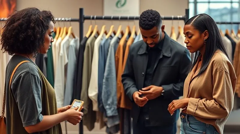 A photorealistic, professional photography, 8K, cinematic lighting, sharp focus, depth of field, shot on a high-end DSLR, showing a diverse group of people interacting with a circular fashion system. One person is dropping off an old garment at a collection point, another is browsing a rack of 'pre-loved' or 'repaired' items, and a third is looking at a tag explaining the recycled content and recyclability of a new garment. The scene conveys community, responsibility, and accessibility within a modern, sustainable retail environment.