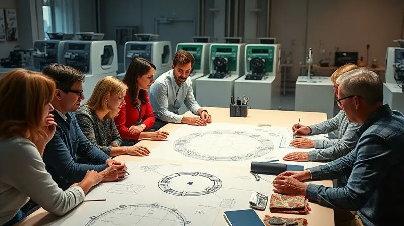 A photorealistic, professional photography, 8K, cinematic lighting, sharp focus, depth of field, shot on a high-end DSLR, showing a diverse team of fashion designers, material scientists, and supply chain experts collaboratively brainstorming around a large table, with technical drawings of circular garments and samples of innovative recycled fabrics laid out. The atmosphere is energetic and forward-thinking, emphasizing teamwork and problem-solving for sustainable fashion. The background has subtle hints of advanced textile machinery.