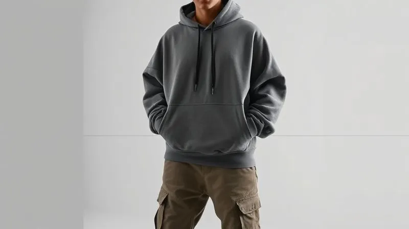 A photorealistic studio shot of a diverse model (e.g., curvilinear body type) wearing a perfectly proportioned oversized streetwear hoodie and relaxed-fit cargo pants. The image highlights the intentional shoulder drop, controlled sleeve volume, and balanced hemline, with subtle lines superimposed to illustrate the 'rule of thirds' in fashion. Cinematic lighting, sharp focus, 8K, professional photography.