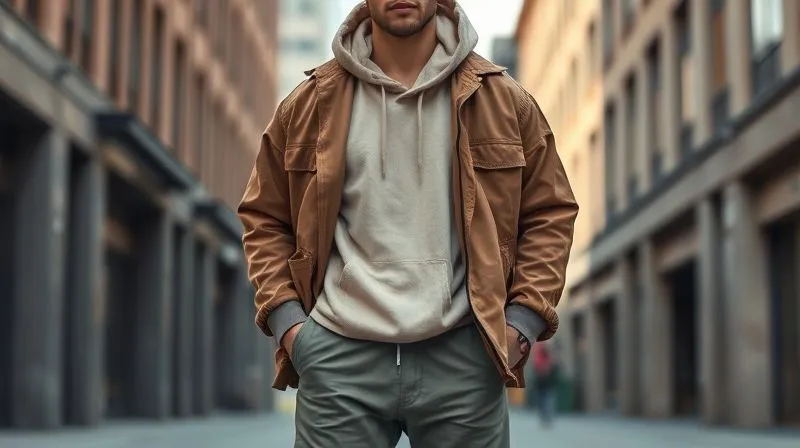 A photorealistic street style photograph of a person with an athletic build confidently wearing layered oversized streetwear. They have an open, structured oversized jacket over a slightly longer, soft-drape oversized hoodie, paired with relaxed-fit trousers. The image emphasizes the interplay of lengths, textures, and the vertical lines created by the open jacket, in an urban setting with natural light, sharp focus, 8K.