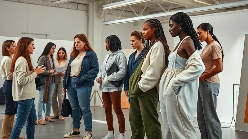 A photorealistic behind-the-scenes shot in a modern fashion studio, where a diverse group of models (representing various body types) are trying on oversized streetwear garments. Designers and pattern makers are observing, taking notes, and making subtle adjustments. The atmosphere is collaborative and professional, with natural light streaming in, sharp focus on the interactions, 8K, shot on a high-end DSLR.