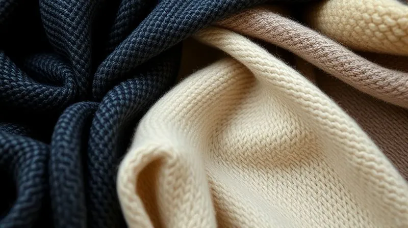 photorealistic, professional photography, 8K, cinematic lighting, sharp focus, depth of field, shot on a high-end DSLR, a close-up of different heavyweight fabrics artfully draped to show their structure and fall, including thick cotton French terry, robust denim, and dense wool, emphasizing texture and weight, with subtle shadows illustrating volume and quality.
