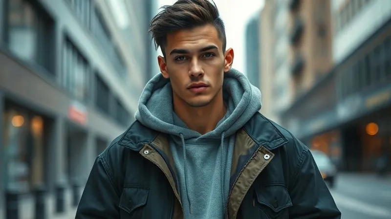 photorealistic, professional photography, 8K, cinematic lighting, sharp focus, depth of field, shot on a high-end DSLR, a stylish individual expertly layered in oversized streetwear, showcasing different textures and volumes, with a structured outer jacket over a relaxed hoodie and a subtle inner tee, urban background, emphasizing smart layering techniques.