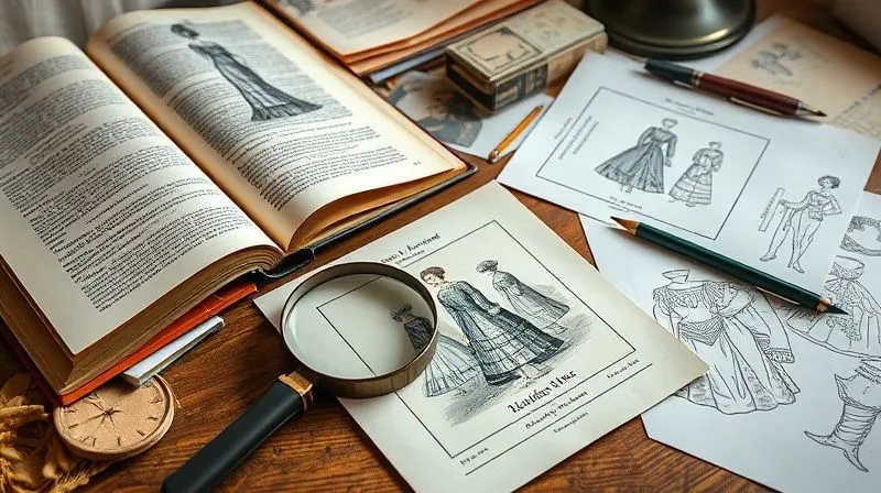 A photorealistic image depicting a costume designer's desk, cluttered with open historical fashion books, fabric swatches, and intricate sketches. A magnifying glass rests on a detailed engraving of 18th-century attire. Cinematic lighting highlights the textures and details, sharp focus, depth of field, 8K hyper-detailed, shot on a high-end DSLR.