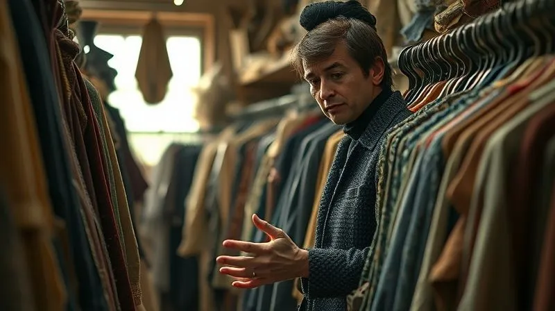 A photorealistic image of a costume designer meticulously sifting through racks of vintage clothing in a dimly lit, overflowing thrift store. Sunlight streams through a window, highlighting dust motes and the varied textures of the garments. The designer has a focused, almost triumphant expression, sharp focus on the hands and clothing, depth of field blurring the background, 8K hyper-detailed, shot on a high-end DSLR.