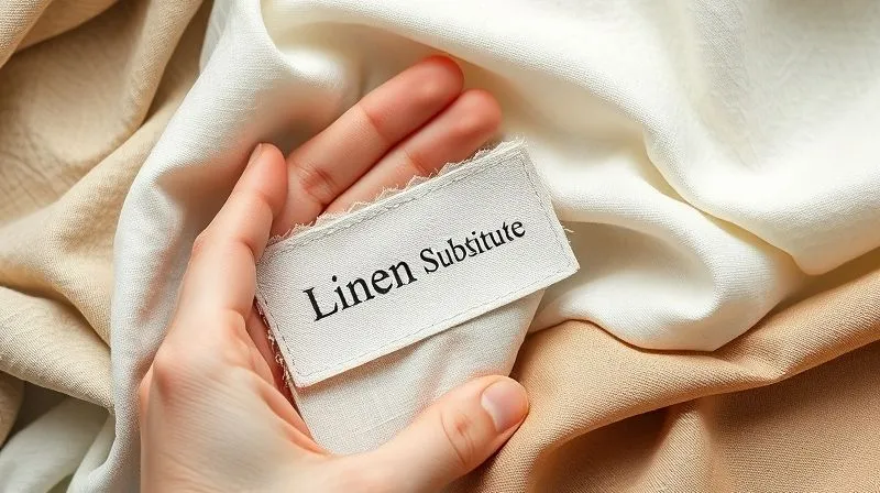 A photorealistic close-up of various fabric swatches, some raw and some treated with tea staining or gentle distressing. A hand holds a swatch of brushed cotton next to a label reading "Linen Substitute." The lighting is natural and soft, highlighting the textures, sharp focus, depth of field, 8K hyper-detailed, shot on a high-end DSLR.