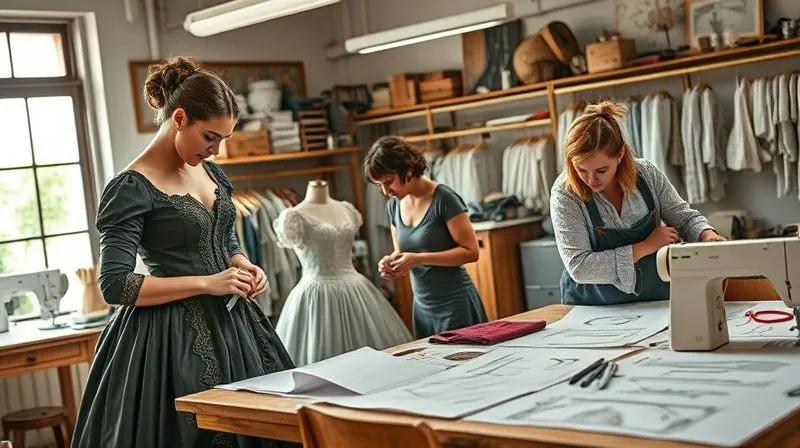 A photorealistic scene inside a vibrant, collaborative costume workshop. Three diverse individuals are actively engaged: one person is hand-sewing intricate details on a period gown, another is examining fabric swatches, and a third is sketching designs on a large table covered with patterns and sewing tools. The atmosphere is energetic and focused, with cinematic lighting highlighting their shared creative effort, sharp focus, depth of field, 8K hyper-detailed, shot on a high-end DSLR.
