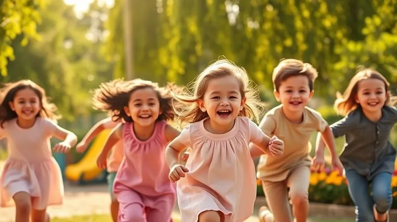 A photorealistic, professional photography, 8K image of a happy, diverse group of children aged 4-7, running and playing joyfully outdoors in brightly colored, soft, and comfortable clothing. The sun is shining, casting a warm glow, with sharp focus on their uninhibited movements and smiling faces, depth of field blurring the background of a lush park. Cinematic lighting, shot on a high-end DSLR.