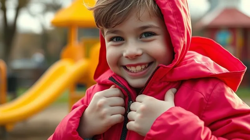 A photorealistic, professional photography, 8K image of a cheerful child, approximately 6 years old, with a slight physical disability, independently fastening a bright, comfortable jacket with magnetic closures. Their face shows a sense of accomplishment. The background is a blurred, soft-focus playground. Cinematic lighting, sharp focus on the child's hands and the magnetic closure, depth of field. Shot on a high-end DSLR.