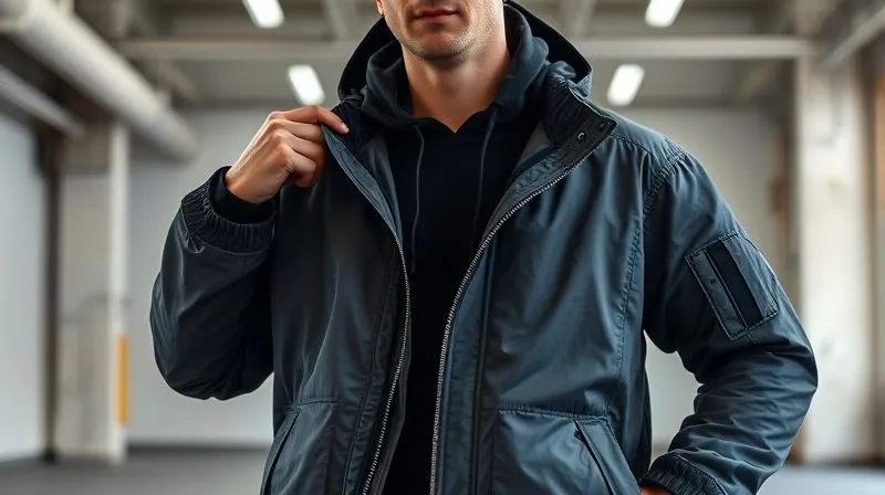 A photorealistic, professional photography, 8K, cinematic lighting, sharp focus, depth of field shot on a high-end DSLR of a modular streetwear jacket, with a model demonstrating the detachable sleeves and hood being zipped off. The background is a clean, minimalist urban studio, highlighting the garment's functional design and adaptability.