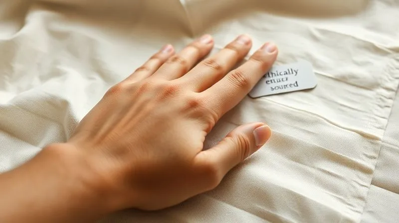 A photorealistic, professional photography, 8K, cinematic lighting, sharp focus, depth of field shot on a high-end DSLR of a hand gently touching a swatch of natural, undyed organic cotton fabric, with a subtle tag indicating 'ethically sourced' in the background. The lighting is soft and natural, emphasizing purity and sustainability.