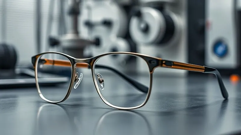 A photorealistic close-up of different eyewear frame materials – sleek polished titanium, textured matte acetate, and flexible bio-nylon – arranged aesthetically on a high-tech material testing workbench, with soft, diffuse cinematic lighting highlighting their unique textures. Sharp focus on the materials, depth of field blurring the background of scientific instruments, 8K hyper-detailed, professional photography, shot on a high-end DSLR.