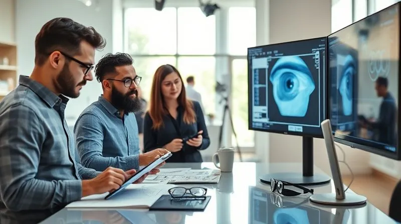 A photorealistic image depicting a collaborative meeting in a modern, sunlit design studio. A diverse group of professionals – an eyewear designer sketching on a tablet, an optician examining a frame prototype, and an ophthalmologist reviewing a digital eye scan on a large monitor – are engaged in discussion. The atmosphere is innovative and professional. Cinematic lighting, sharp focus on the interaction, depth of field blurring the studio background, 8K hyper-detailed, professional photography, shot on a high-end DSLR.