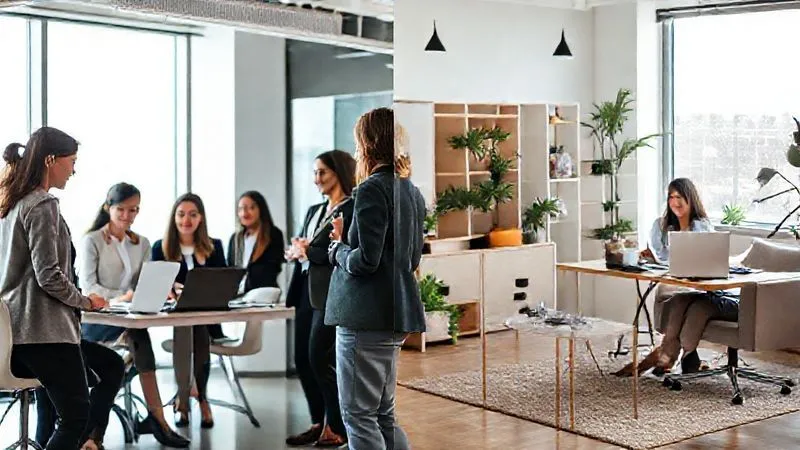 photorealistic, professional photography, 8K, cinematic lighting, sharp focus, depth of field, shot on a high-end DSLR. A diverse group of professional women, dressed in smart-casual, adaptable outfits, are seen in a split image: one half shows them collaborating in a modern, brightly lit office, and the other half shows them working independently and comfortably in stylish home office settings. The overall mood is harmonious and productive, emphasizing versatility.