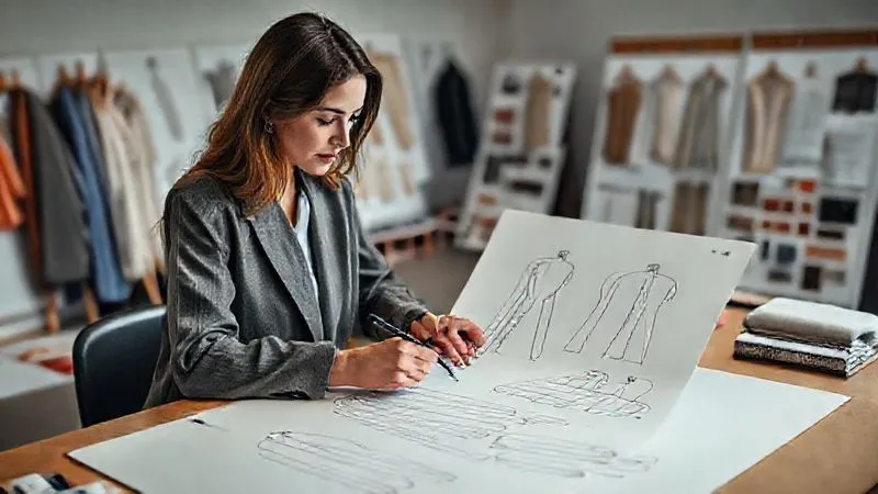 photorealistic, professional photography, 8K, cinematic lighting, sharp focus, depth of field, shot on a high-end DSLR. A female designer sketching sophisticated, relaxed-tailored womenswear silhouettes on a large design table, surrounded by fabric swatches and mood boards. The sketches show wide-leg trousers, soft blazers, and versatile dresses, conveying innovation and expert craftsmanship.