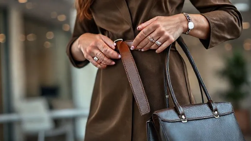 photorealistic, professional photography, 8K, cinematic lighting, sharp focus, depth of field, shot on a high-end DSLR. A close-up shot of a woman's hands expertly styling an adaptable outfit. One hand adjusts a sleek leather belt over a versatile dress, while the other holds a sophisticated structured handbag. Elegant yet minimalist jewelry is visible, highlighting the power of accessories in transforming a look. The background is a soft, blurred modern office environment.