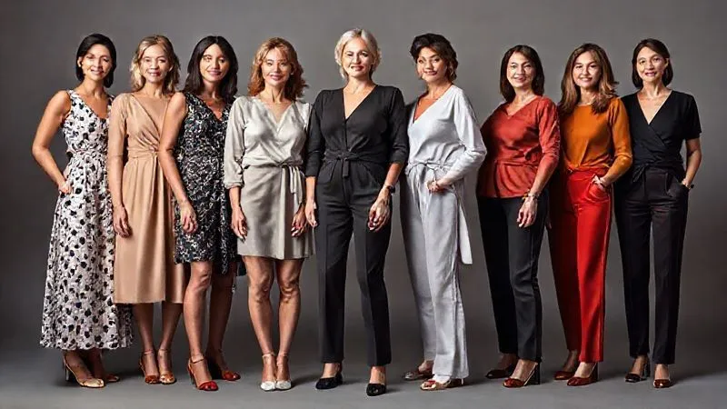 A diverse group of women of various ages and body shapes, showcasing different flattering silhouettes like A-line dresses, wrap tops, and tailored trousers. Each garment highlights strategic hemlines and necklines, demonstrating harmonious proportions. Photorealistic, professional photography, 8K, cinematic lighting, sharp focus, depth of field, shot on a high-end DSLR.