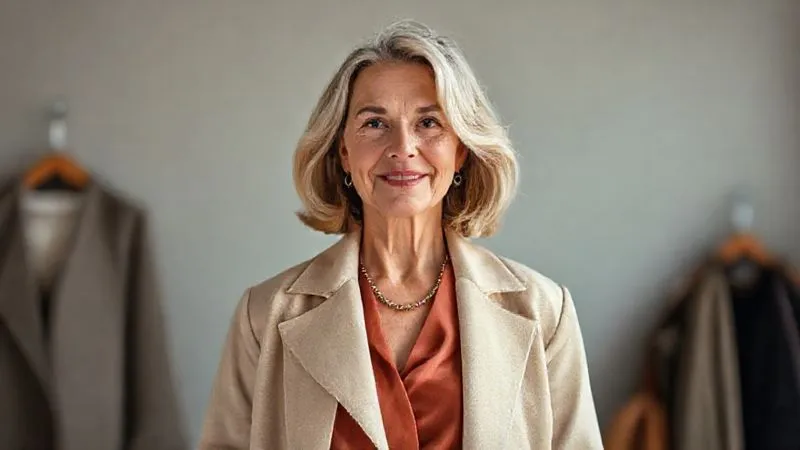 A versatile capsule wardrobe featuring modular and adaptable womenswear pieces. A woman of middle age is shown effortlessly transitioning an outfit from day to evening by adding a layering piece and adjusting a neckline. Photorealistic, professional photography, 8K, cinematic lighting, sharp focus, depth of field, shot on a high-end DSLR.