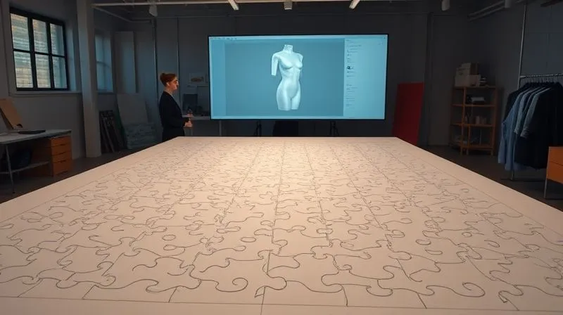 A photorealistic image of a design studio with a large, well-lit cutting table. On the table, intricate zero-waste garment patterns are laid out, perfectly tessellating with no visible gaps, showcasing a complex but elegant jigsaw of fabric pieces. In the background, a designer is observing a 3D digital model on a large monitor, indicating advanced design technology. Cinematic lighting, sharp focus on the patterns, depth of field. 8K, shot on a high-end DSLR.