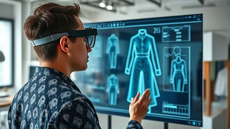 A photorealistic image of a fashion designer in a modern, high-tech studio, wearing augmented reality glasses. On a large transparent screen in front of them, a detailed 3D rendering of a zero-waste garment is being manipulated, showcasing fabric textures and fit simulations. The background features other digital design tools and sustainable fabric swatches. Cinematic lighting, sharp focus on the designer and screen, depth of field. 8K, shot on a high-end DSLR.