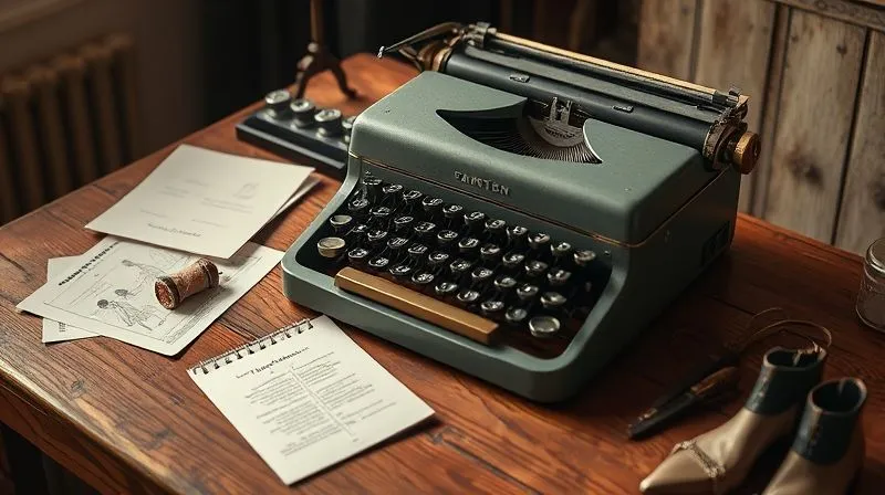 A photorealistic image of a vintage typewriter on a rustic wooden desk, with fashion sketches and fabric swatches scattered around, a half-written story page visible, cinematic lighting, sharp focus on the typewriter, depth of field blurring the background, 8K hyper-detailed.