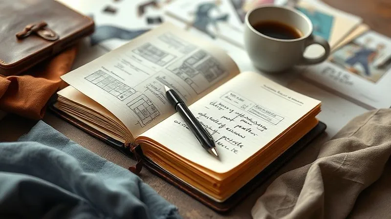 A photorealistic image of a vintage leather-bound journal open to a page with hand-drawn fashion storyboards and notes, a pen resting beside it, surrounded by fabric swatches and a cup of coffee, soft natural light, sharp focus, depth of field, 8K hyper-detailed.