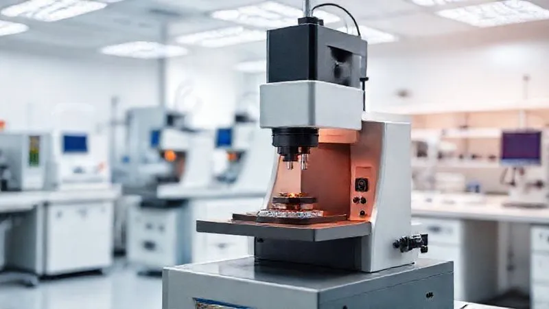 Photorealistic, professional photography, 8K, cinematic lighting, sharp focus on a sterile laboratory setting, with various textile testing machines in the background, specifically a Martindale abrasion tester actively working on a medical fabric sample in the foreground. Depth of field blurring the background, conveying scientific rigor and precision.