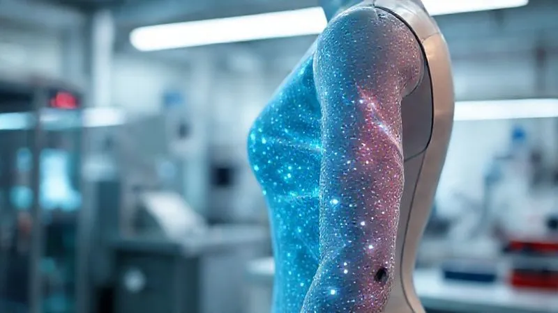 Photorealistic, professional photography, 8K, cinematic lighting, sharp focus on a futuristic medical textile, subtly glowing with integrated bio-sensors and a protective antimicrobial layer, draped over a mannequin arm. The background is a blurred, high-tech lab, emphasizing innovation and advanced materials. Depth of field highlights the intricate textile pattern.