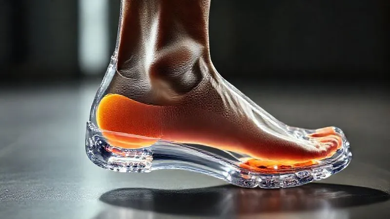A photorealistic, professional photography, 8K, cinematic lighting, sharp focus, depth of field shot of a transparent cross-section of a human foot inside a modern, stylish shoe. A custom orthotic insert is clearly visible, perfectly cradling the arch and heel, with the surrounding shoe structure designed to accommodate it seamlessly without adding bulk. The image highlights the intricate biomechanical relationship between foot, orthotic, and footwear.