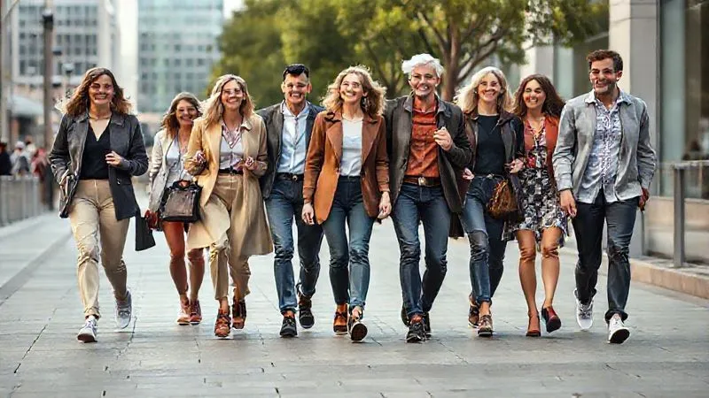A photorealistic, professional photography, 8K, cinematic lighting, sharp focus, depth of field shot of a diverse group of stylish individuals, aged 30-60, confidently walking and interacting in a vibrant urban setting. They are all wearing various models of fashionable orthotic-friendly shoes that seamlessly blend into their contemporary outfits. The image conveys joy, freedom, and effortless style, with the shoes appearing indistinguishable from high-fashion footwear.